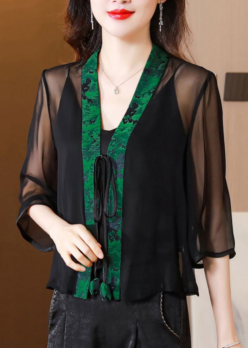 Style Chinois Vert Col En V À Lacets Patchwork Soie Cardigan Été - Cardigans femmes