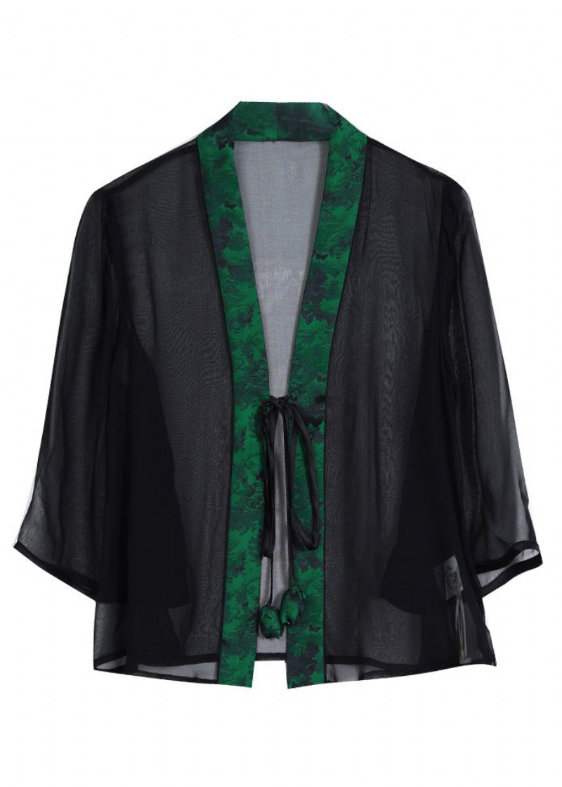 Style Chinois Vert Col En V À Lacets Patchwork Soie Cardigan Été - Cardigans femmes