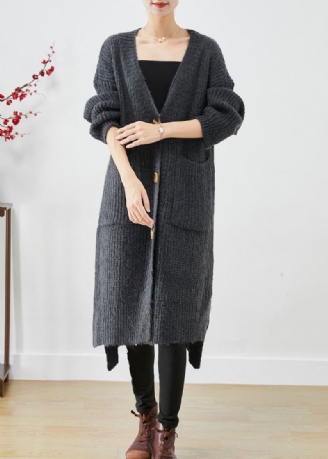 Style Gris Terne Col En V Poches Tricot Long Cardigan Automne