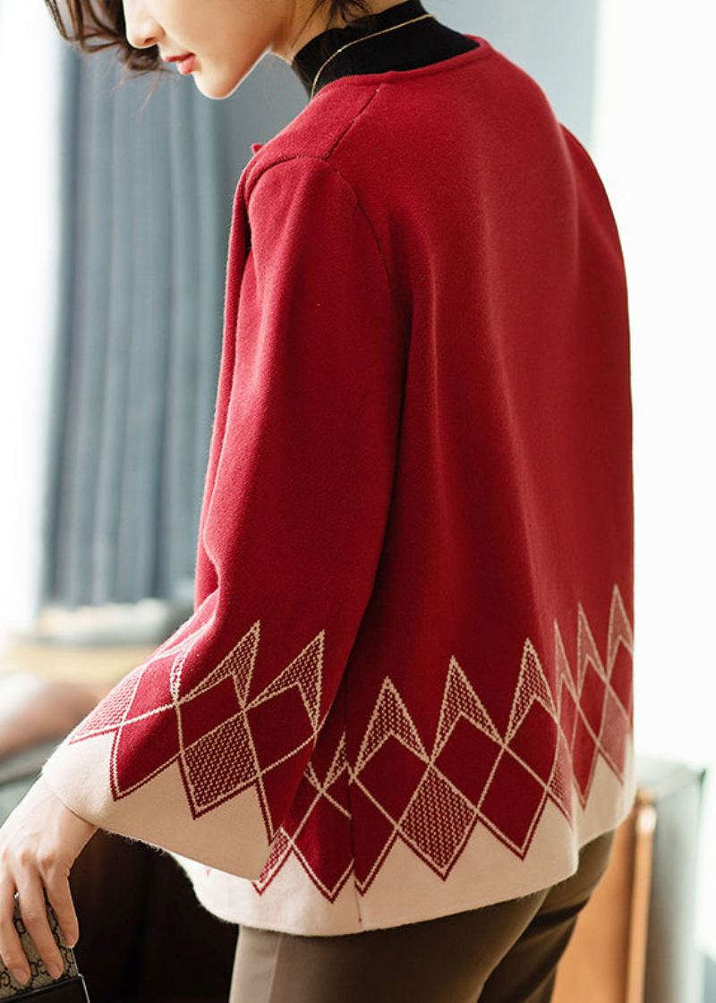 Style Rouge O Cou Imprimé Patchwork Tricot Cardigan Automne - Cardigans femmes