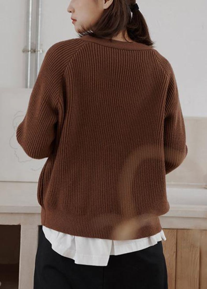 Sweat-shirt En Tricot D'hiver Décontracté Chocolat Confortable Col En V - Chocolat