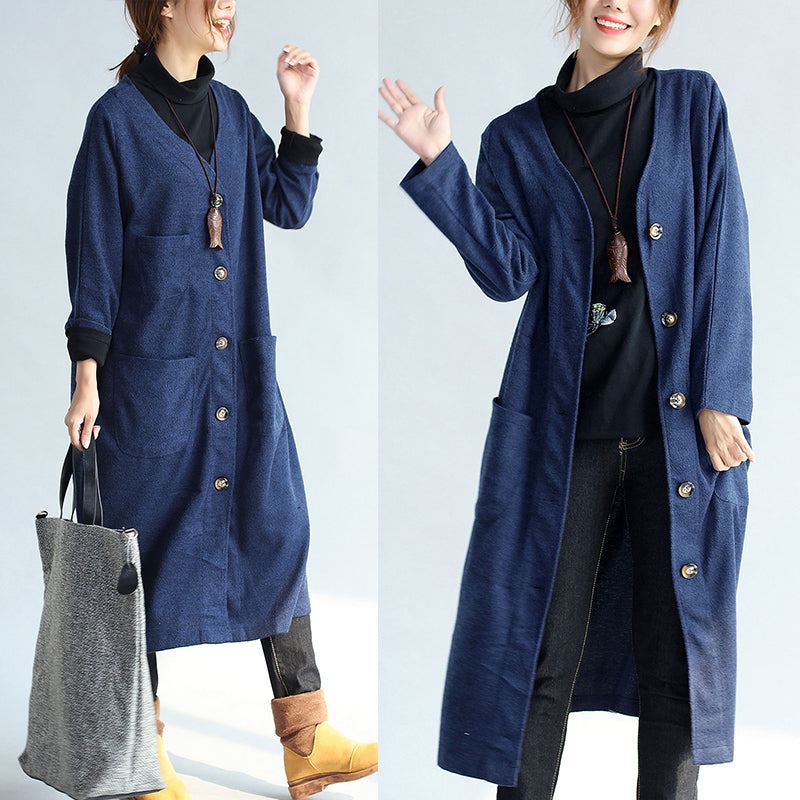 Trench-coat Chaud En Coton Bleu Marine Manteaux En Laine Poches Amples Cardigans À Col En V Automne Et Hiver