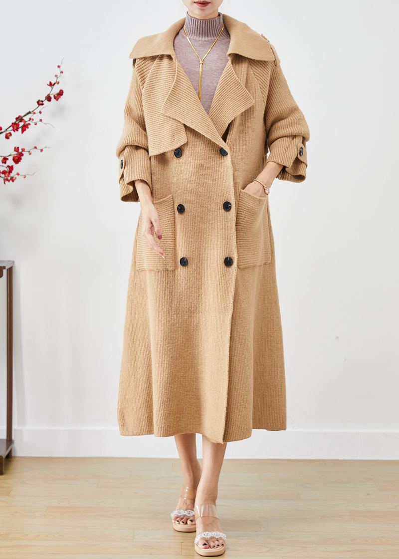 Trench-coat En Tricot Kaki Vintage Avec Poches Double Poitrine Automne