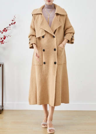 Trench-coat En Tricot Kaki Vintage Avec Poches Double Poitrine Automne