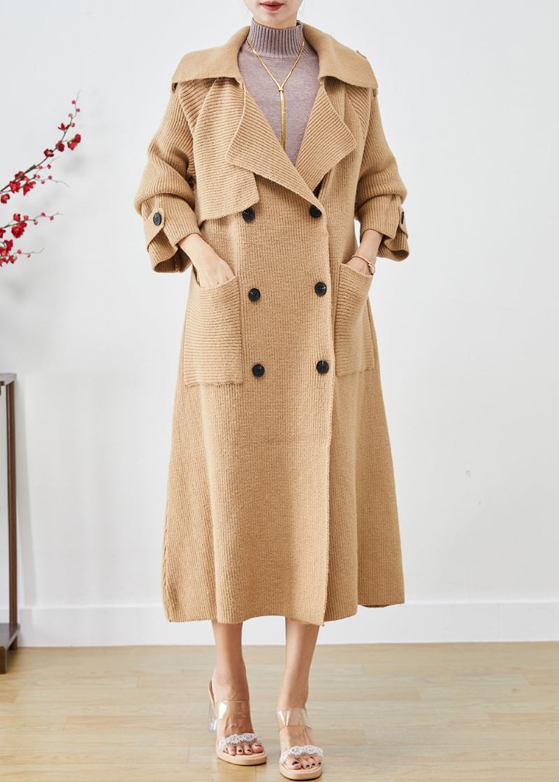 Trench-coat En Tricot Kaki Vintage Avec Poches Double Poitrine Automne - Cardigans femmes