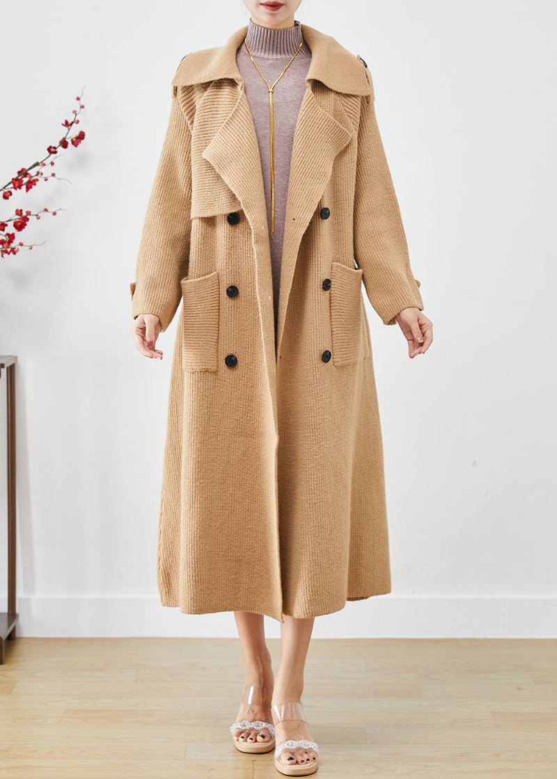 Trench-coat En Tricot Kaki Vintage Avec Poches Double Poitrine Automne - Cardigans femmes