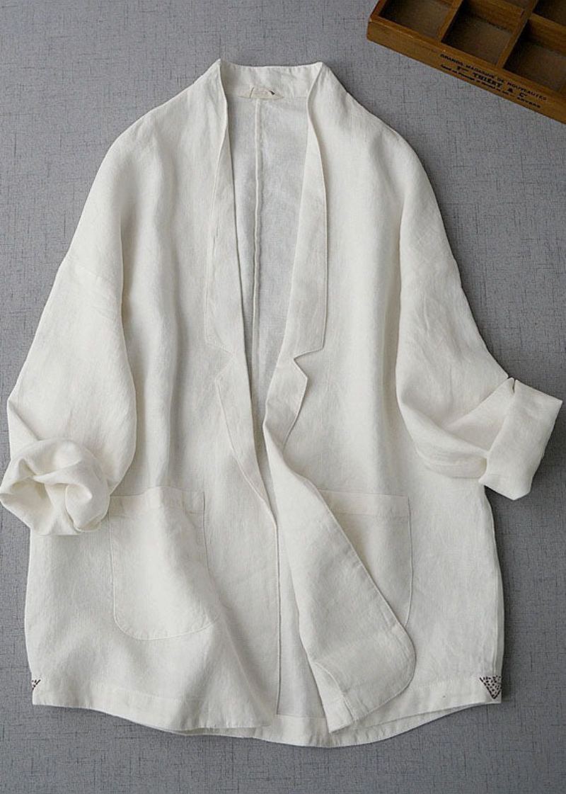 Unique Blanc Col Claudine Poches Patchwork Lin Manteau Ample Été