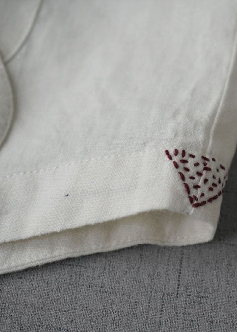 Unique Blanc Col Claudine Poches Patchwork Lin Manteau Ample Été - Cardigans femmes