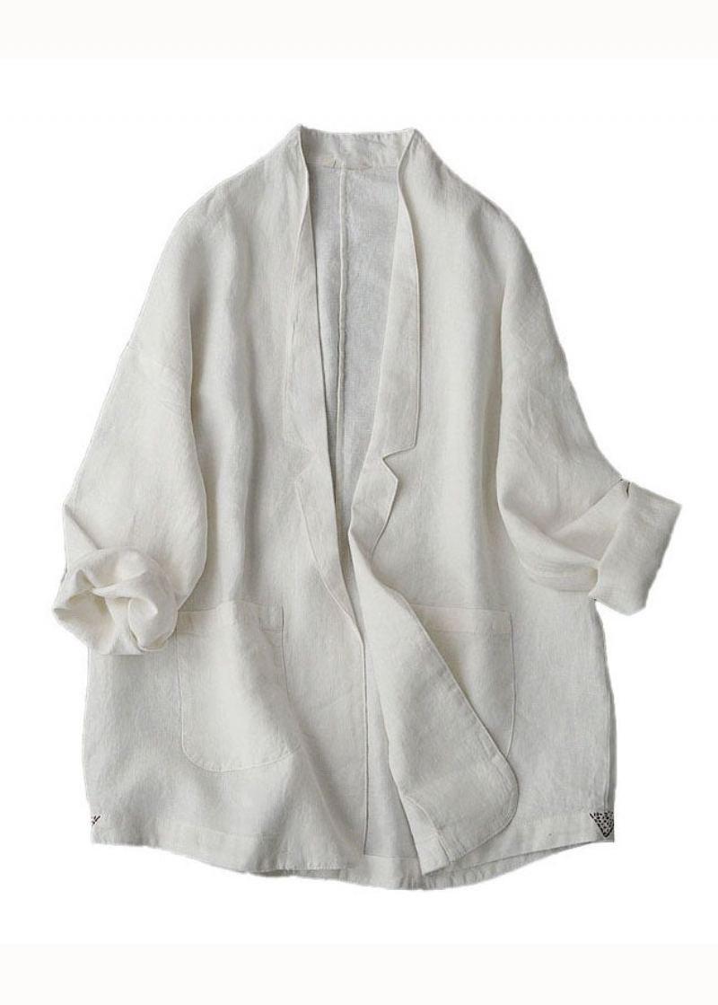 Unique Blanc Col Claudine Poches Patchwork Lin Manteau Ample Été - Cardigans femmes