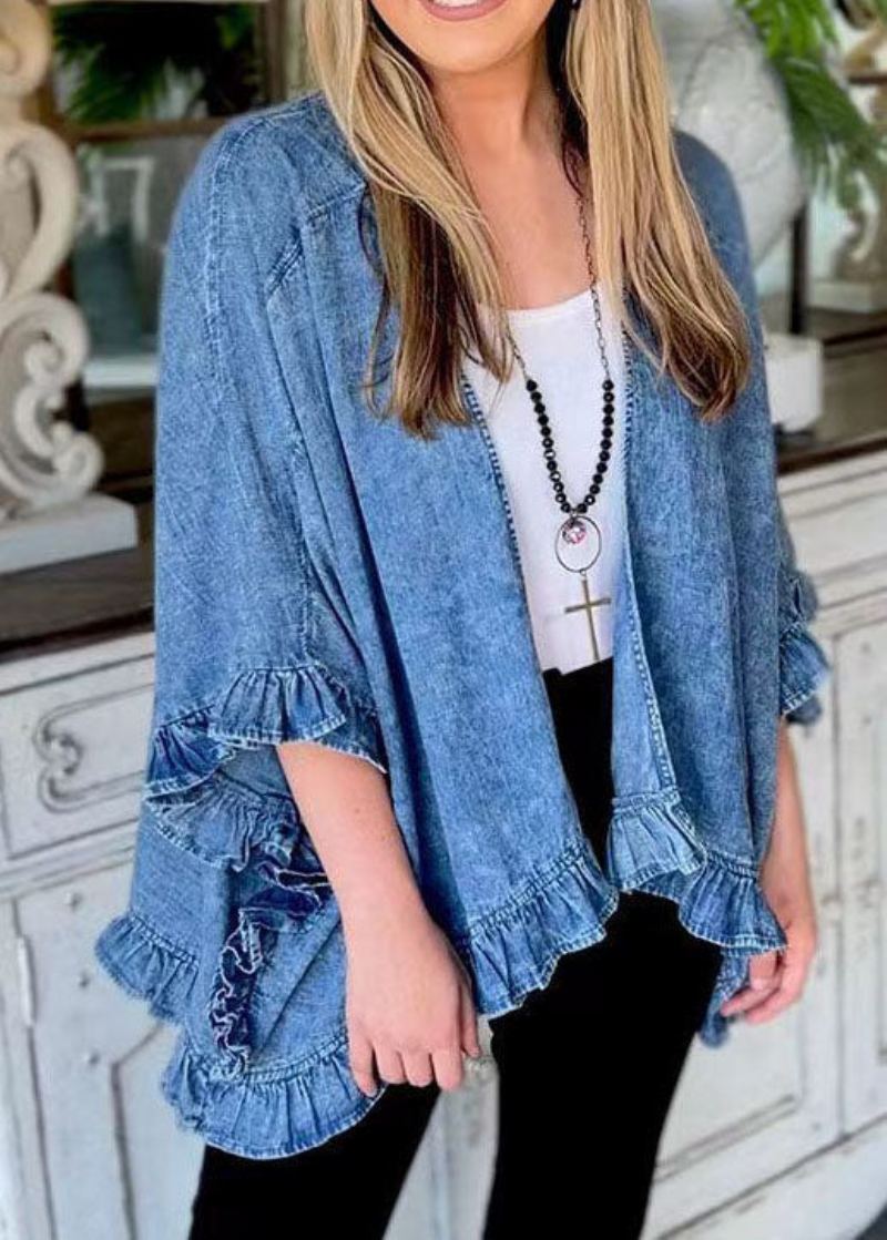 Unique Bleu Ébouriffé Patchwork Denim Cardigans Manteau Été - Cardigans femmes