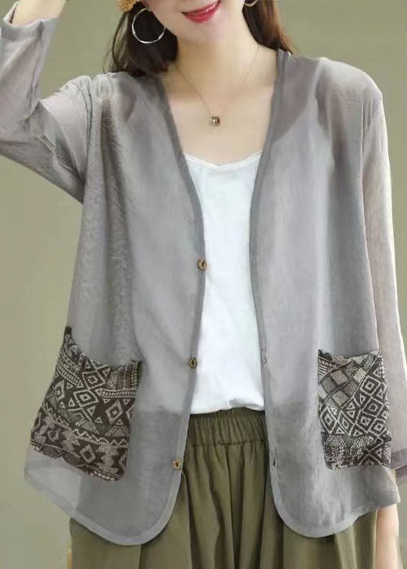 Unique Gris Col En V Imprimé Patchwork Lin Lâche Cardigans Manteau Été - Cardigans femmes