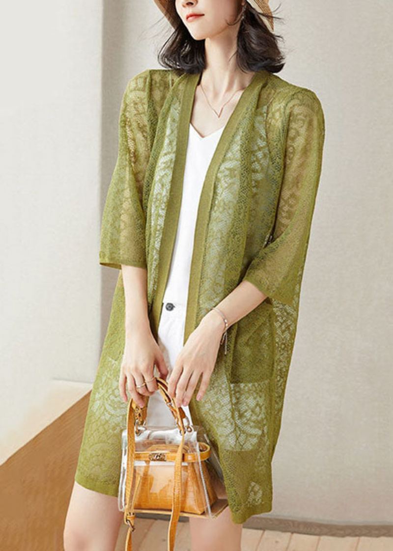 Vert Poches Patchwork Dentelle Cardigan Col En V Évider Été