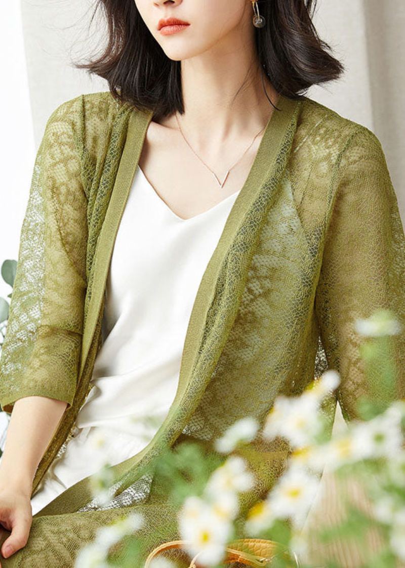 Vert Poches Patchwork Dentelle Cardigan Col En V Évider Été - Cardigans femmes