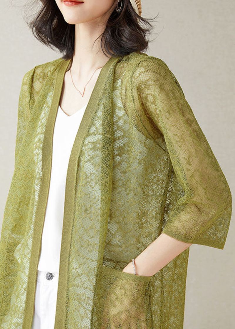 Vert Poches Patchwork Dentelle Cardigan Col En V Évider Été - Cardigans femmes