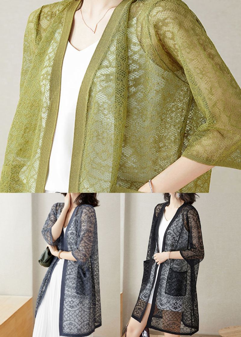 Vert Poches Patchwork Dentelle Cardigan Col En V Évider Été - Cardigans femmes