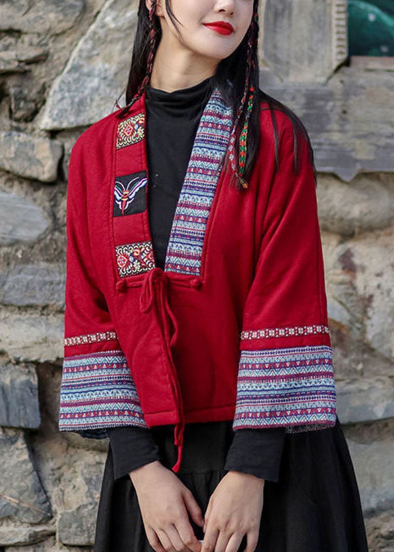 Veste Polaire Chaude À Lacets Brodée À Col En V Rouge Faite À La Main Pour L'hiver - Cardigans femmes