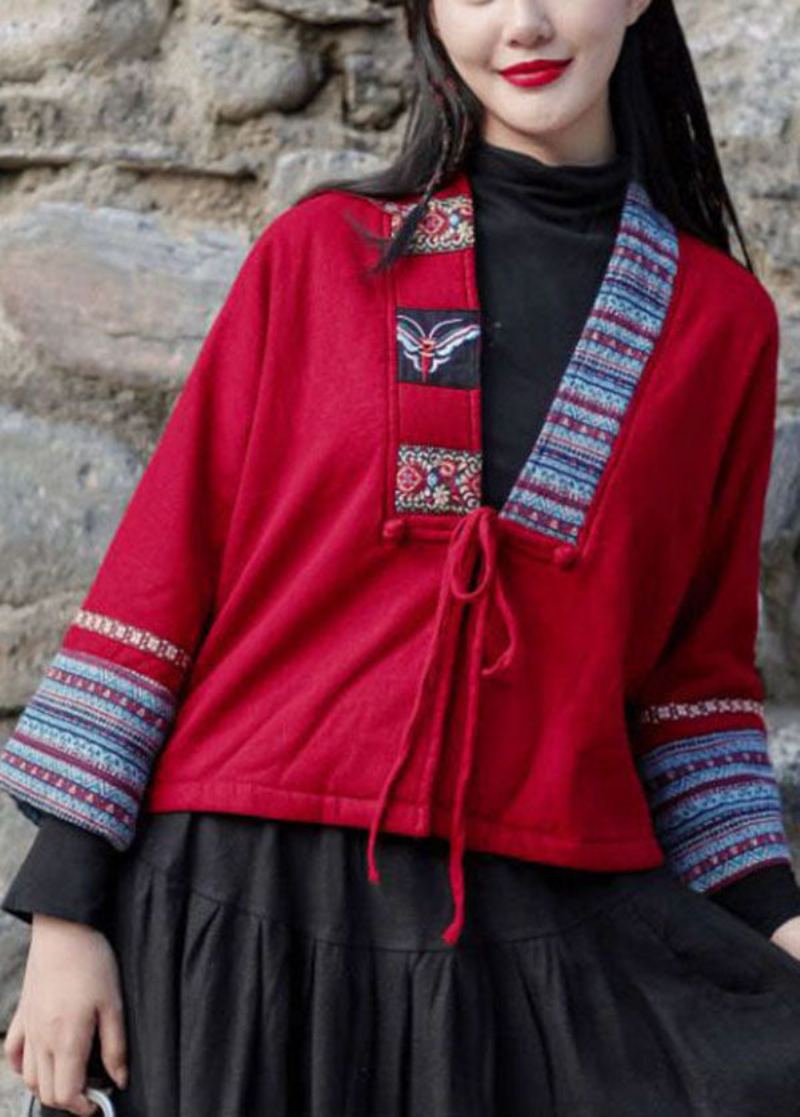 Veste Polaire Chaude À Lacets Brodée À Col En V Rouge Faite À La Main Pour L'hiver - Cardigans femmes