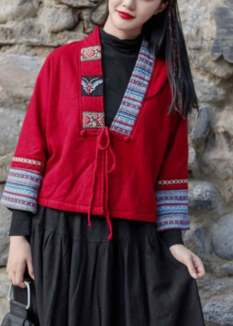 Veste Polaire Chaude À Lacets Brodée À Col En V Rouge Faite À La Main Pour L'hiver - Cardigans femmes