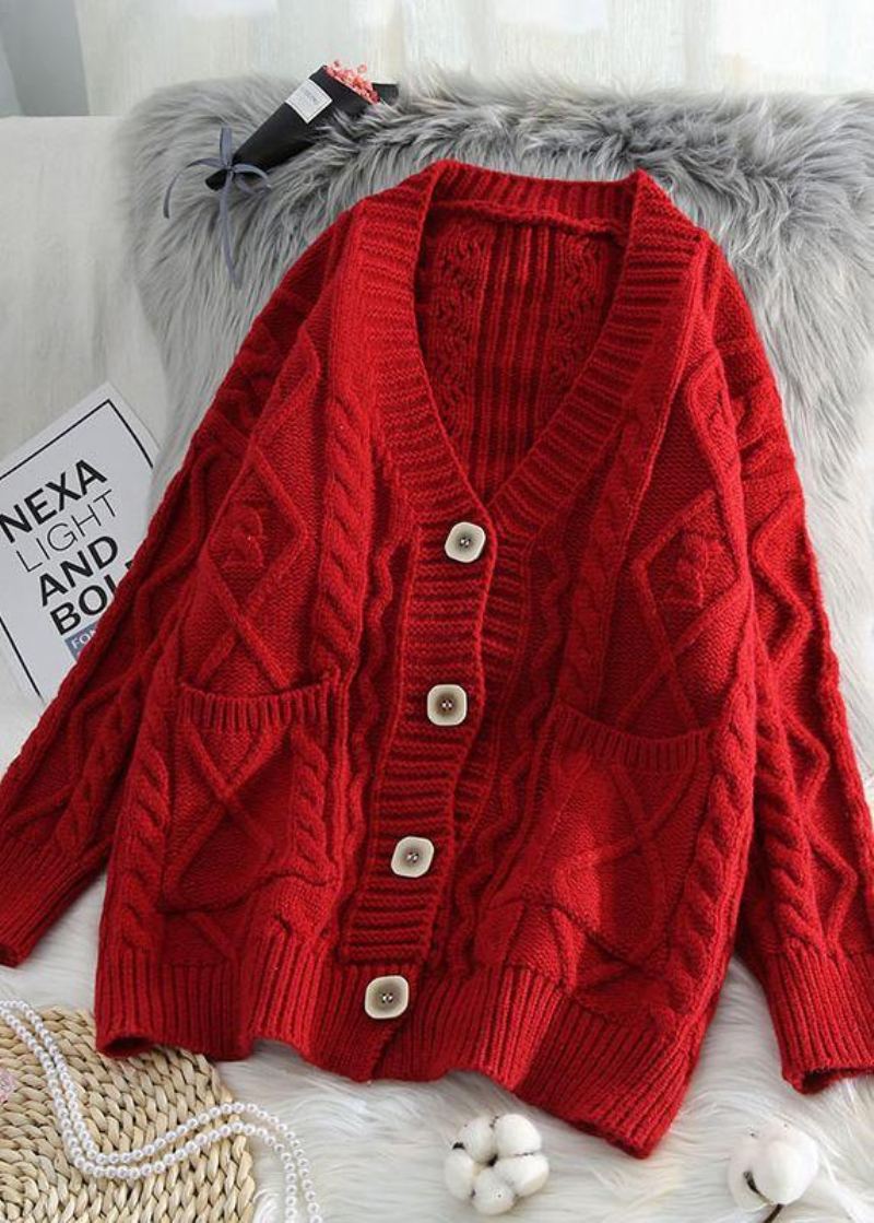 Veste En Tricot Rouge Confortable Surdimensionnée À Deux Poches De Printemps