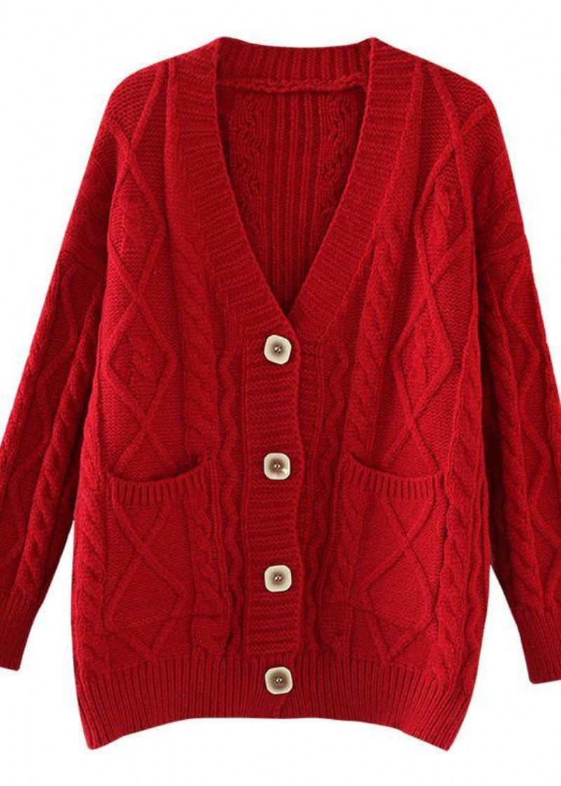 Veste En Tricot Rouge Confortable Surdimensionnée À Deux Poches De Printemps - Rose