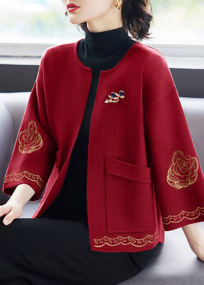 Vin Imprimé Poches Rouge Patchwork Laine Cardigan Col Rond Automne