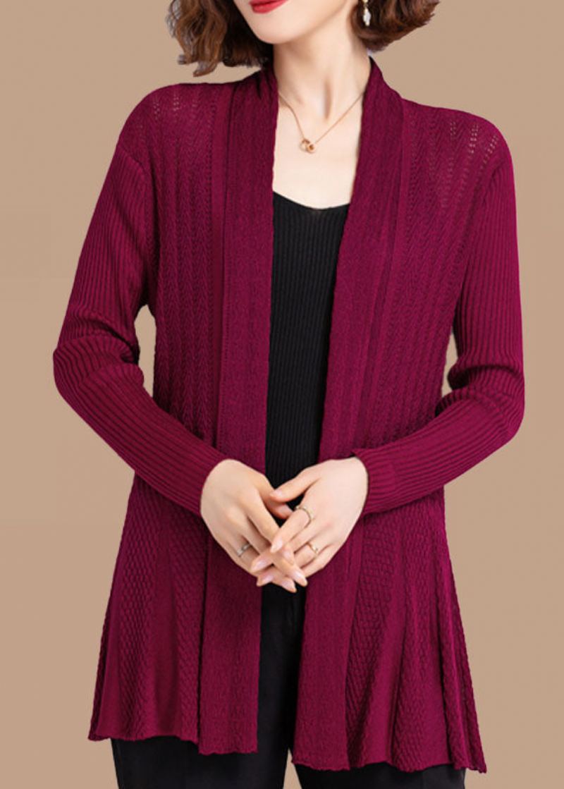 Vin Rouge Patchwork Tricot Cardigans Évider Froissé Automne