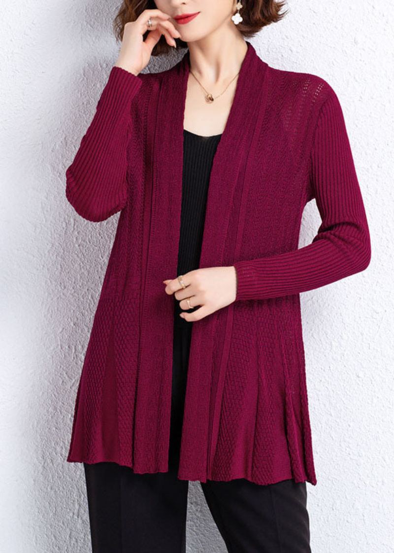 Vin Rouge Patchwork Tricot Cardigans Évider Froissé Automne - Cardigans femmes