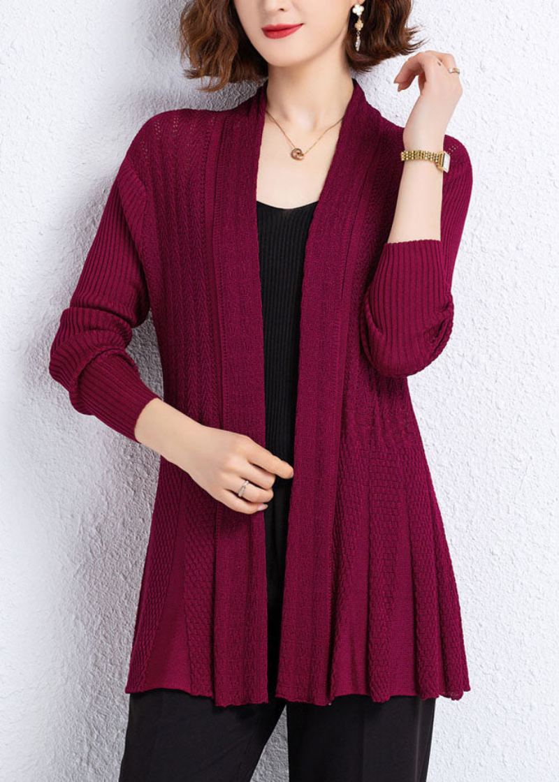 Vin Rouge Patchwork Tricot Cardigans Évider Froissé Automne - Cardigans femmes