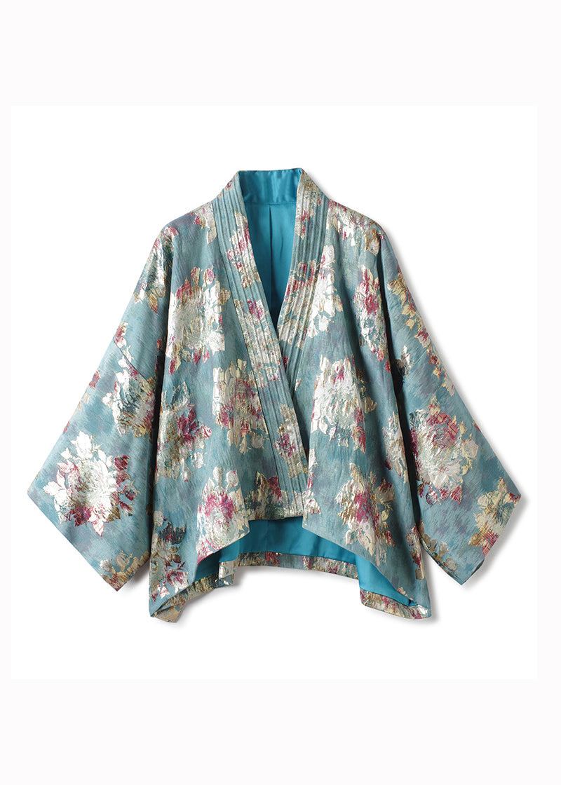 Vintage Bleu Col En V Jacquard Patchwork Coton Cardigan Automne - Cardigans femmes