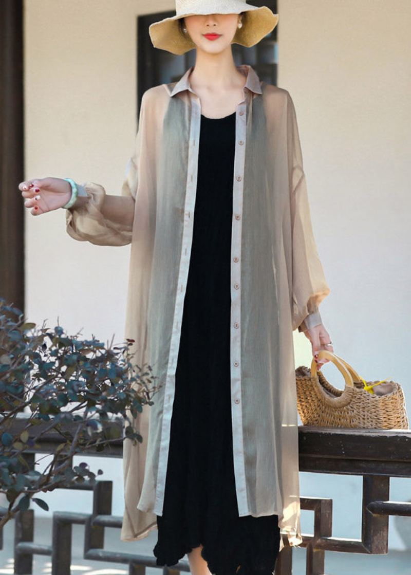 Vintage Kaki Upf 50+ Tulle Long Cardigan Manches Longues