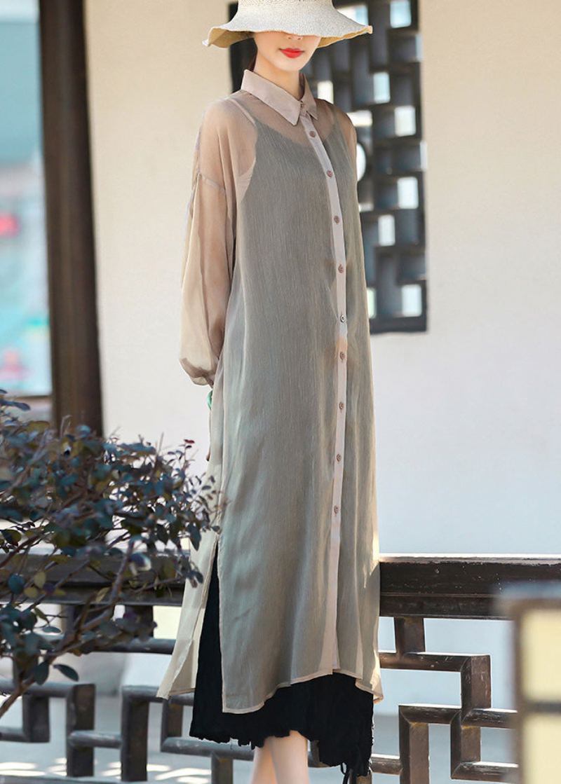 Vintage Kaki Upf 50+ Tulle Long Cardigan Manches Longues - Kaki