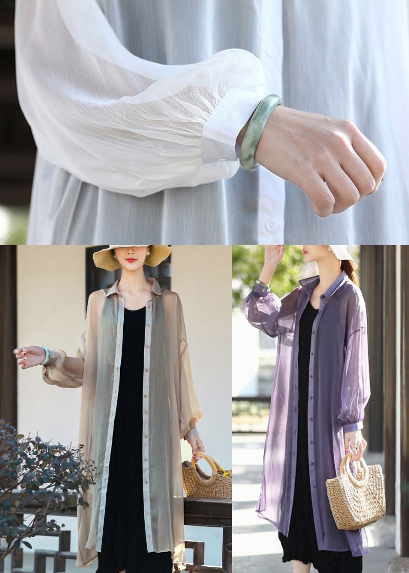 Vintage Kaki Upf 50+ Tulle Long Cardigan Manches Longues - Kaki