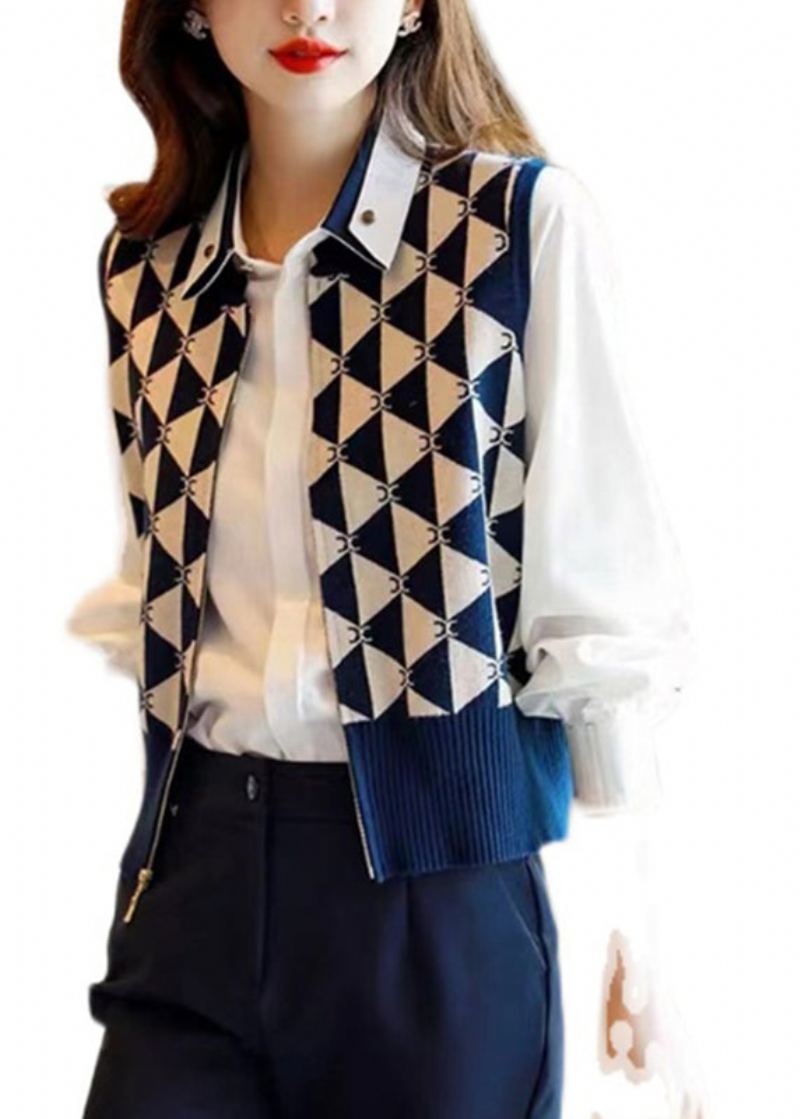 Vintage Navy Peter Pan Collar Asymétrique Tricot Gilet Manches - Cardigans femmes