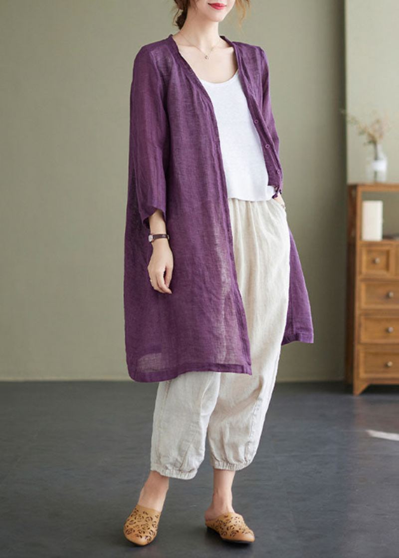 Vintage Violet Col En V Surdimensionné Lin Long Cardigan Bracelet Manches - Cardigans femmes