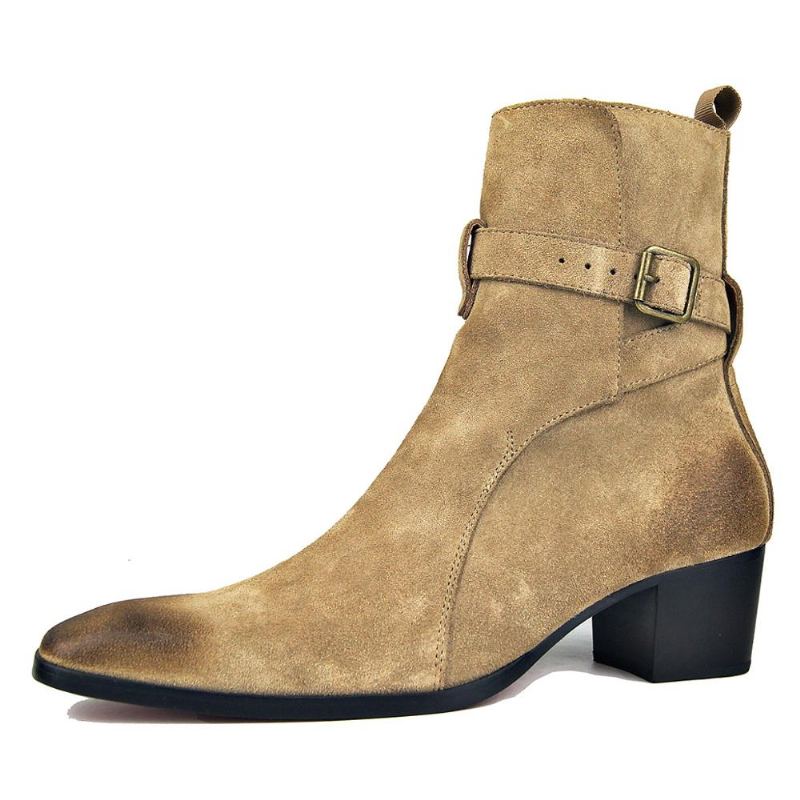 Bottes Chelsea En Cuir Véritable Et Daim Pour Hommes Montantes À Talons Hauts Avec Fermeture Éclair Style Britannique - Noir