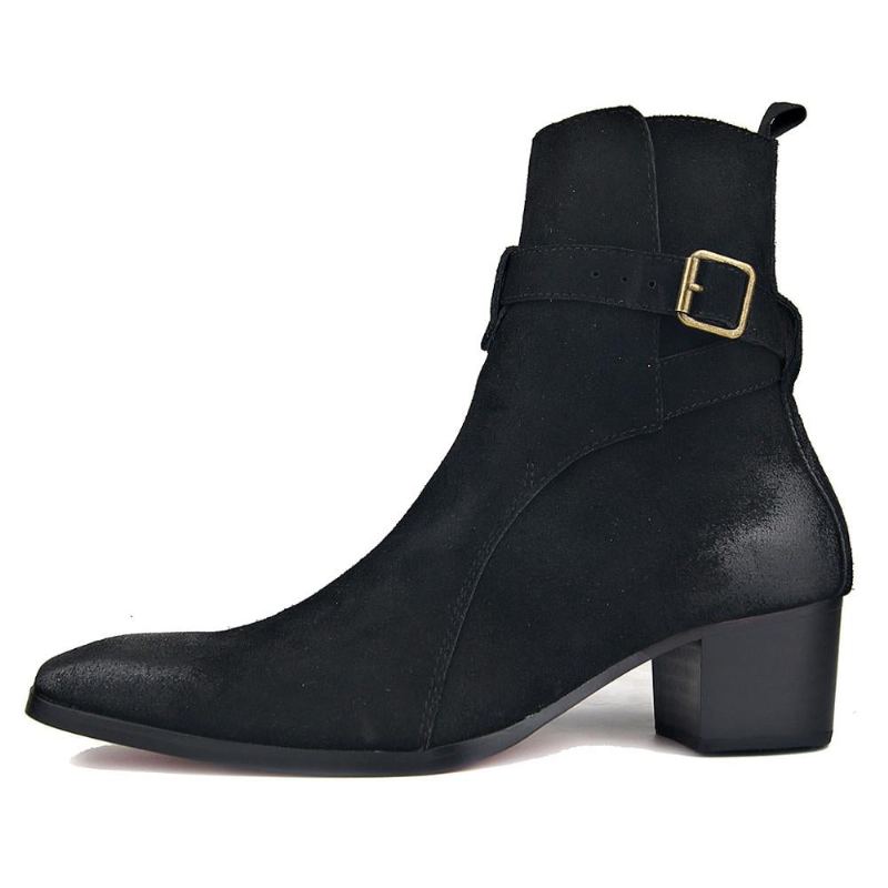 Bottes Chelsea En Cuir Véritable Et Daim Pour Hommes Montantes À Talons Hauts Avec Fermeture Éclair Style Britannique - Noir