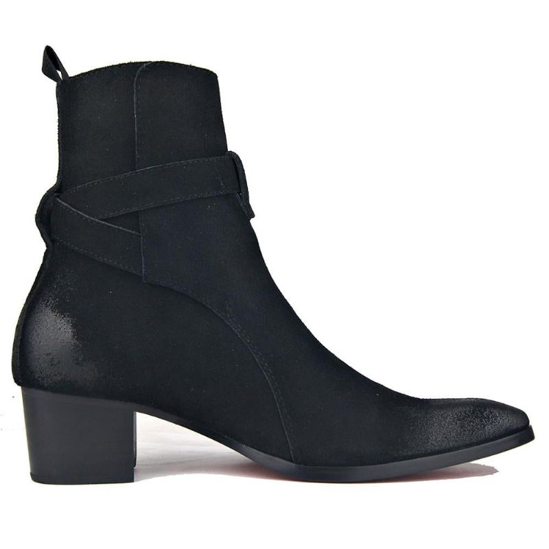 Bottes Chelsea En Cuir Véritable Et Daim Pour Hommes Montantes À Talons Hauts Avec Fermeture Éclair Style Britannique - Noir