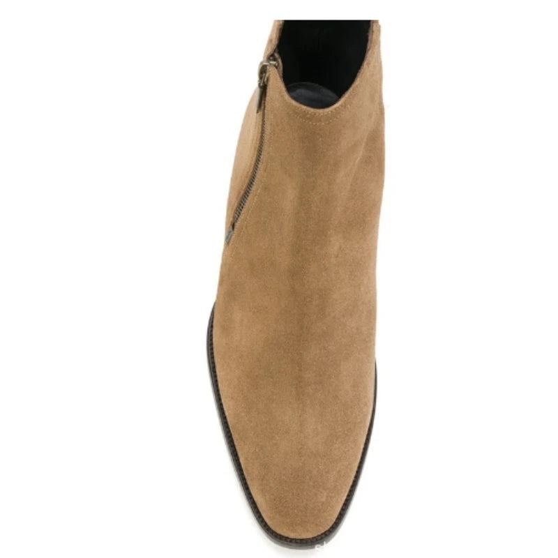 Bottes Chelsea En Cuir Véritable Pour Hommes Formelles D'affaires Pointues Avec Fermeture Éclair En Givré - Kaki