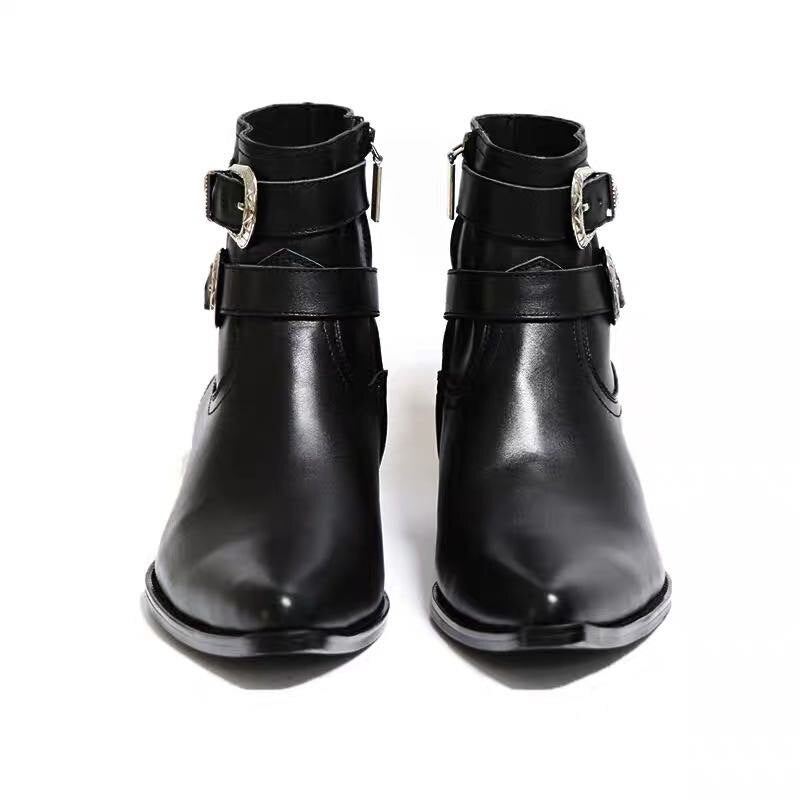 Bottes Chelsea En Cuir Véritable Pour Hommes De Luxe À Double Sangle En Métal Punk Talon De 5cm Personnalisées Faites À La Main Coupe Cintrée - Cuir