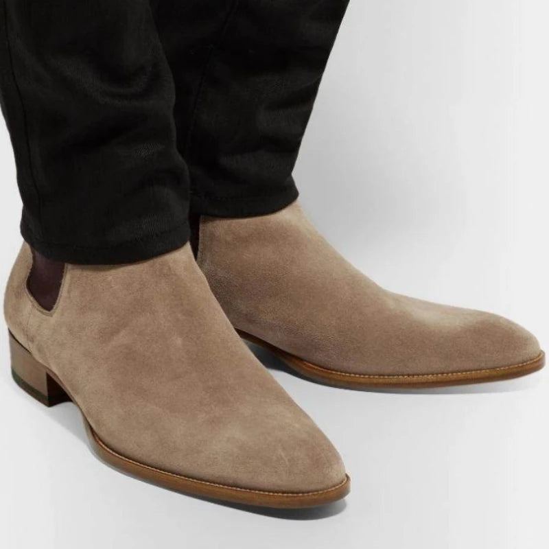 Bottes Chelsea En Daim Et Cuir Véritable Pour Hommes Formelles D'affaires À Talons Bas Et Pointus Classiques Confortables Et Respirantes - Kaki