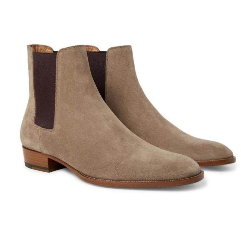 Bottes Chelsea En Daim Et Cuir Véritable Pour Hommes Formelles D'affaires À Talons Bas Et Pointus Classiques Confortables Et Respirantes - Kaki