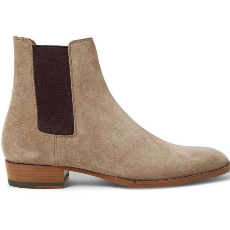 Bottes Chelsea En Daim Et Cuir Véritable Pour Hommes Formelles D'affaires À Talons Bas Et Pointus Classiques Confortables Et Respirantes - Kaki