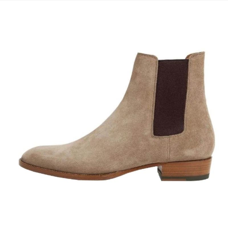 Bottes Chelsea En Daim Et Cuir Véritable Pour Hommes Formelles D'affaires À Talons Bas Et Pointus Classiques Confortables Et Respirantes - Kaki