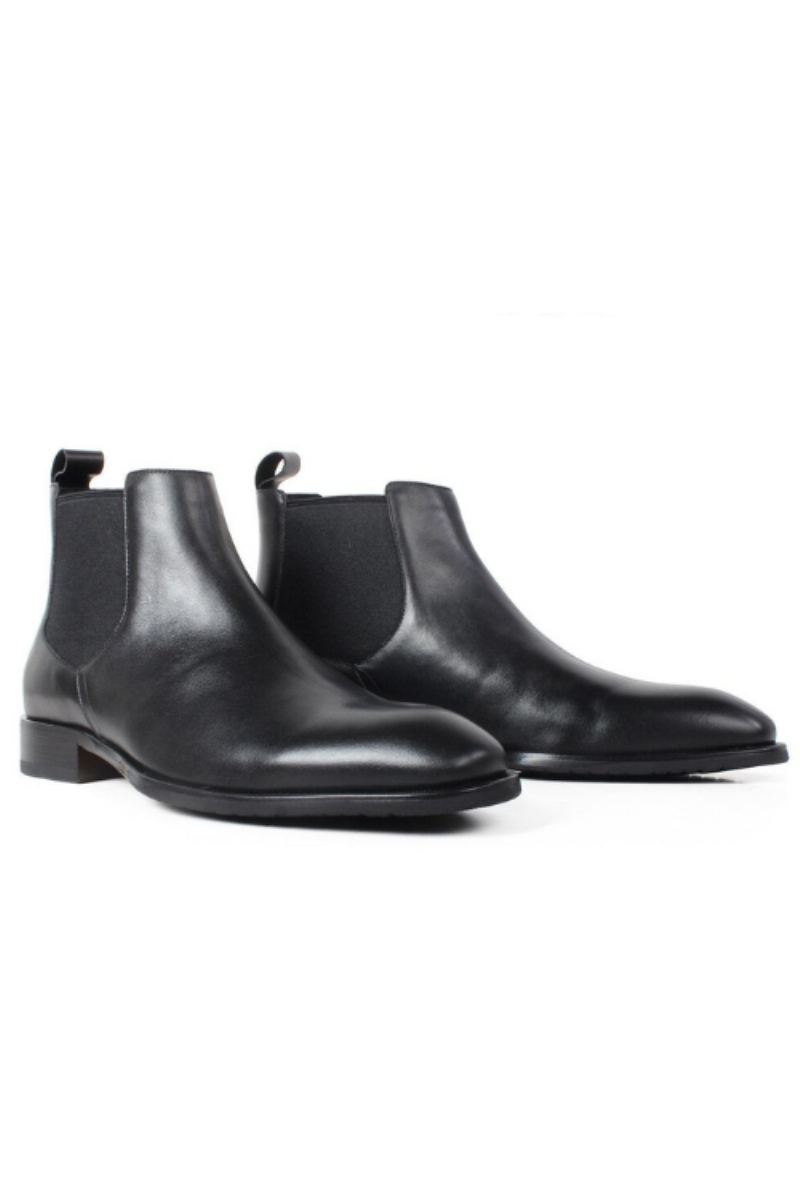 Bottes Chelsea Noires Pour Hommes Bout Carré Plates En Cuir Faites À La Main Chaussures Patinées