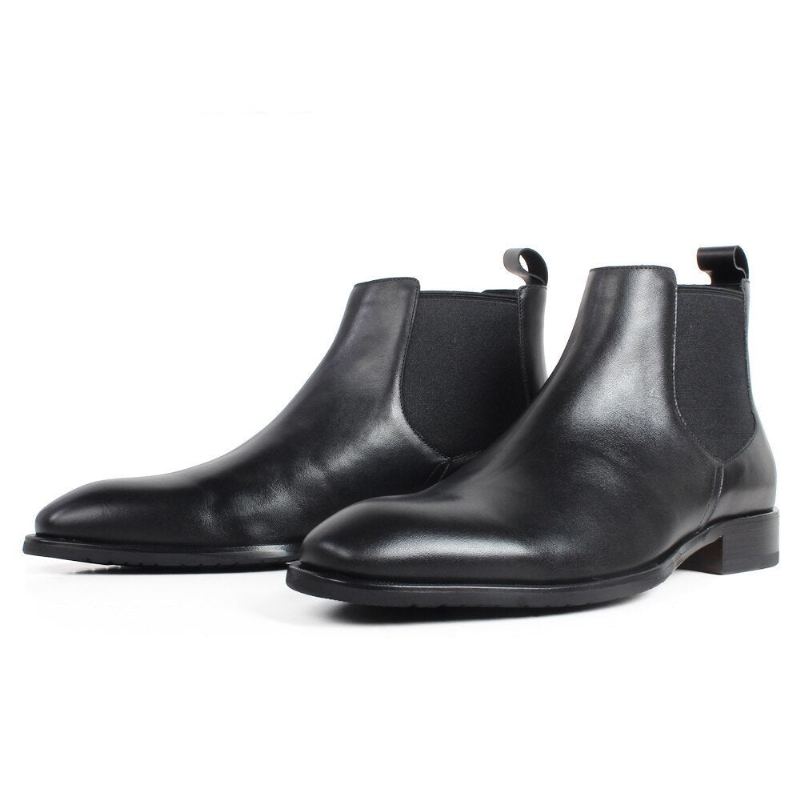 Bottes Chelsea Noires Pour Hommes Bout Carré Plates En Cuir Faites À La Main Chaussures Patinées - Noir