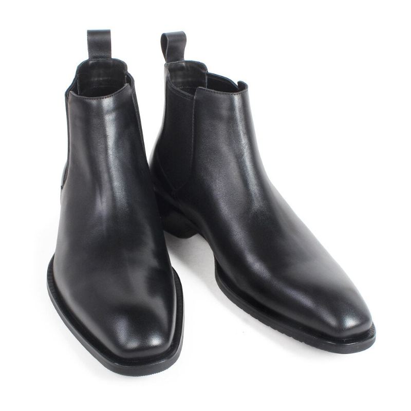 Bottes Chelsea Noires Pour Hommes Bout Carré Plates En Cuir Faites À La Main Chaussures Patinées - Noir