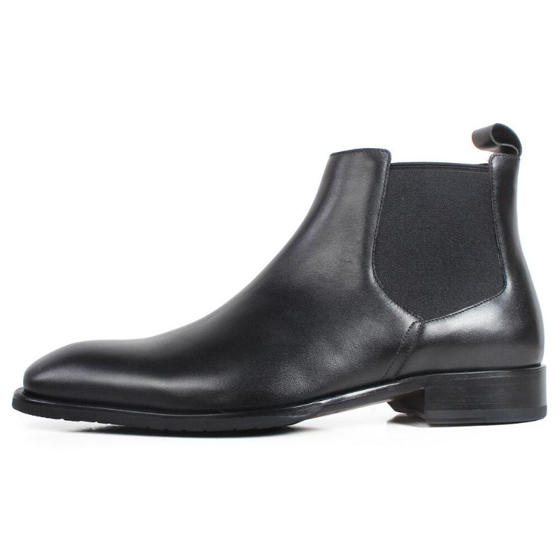 Bottes Chelsea Noires Pour Hommes Bout Carré Plates En Cuir Faites À La Main Chaussures Patinées - Noir