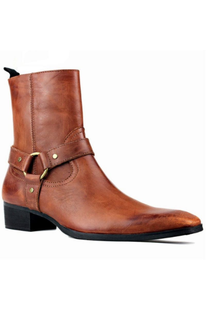 Bottes En Cuir Rétro Pour Hommes Nouveau Designer De Luxe Bout Pointu Sangle À Boucle