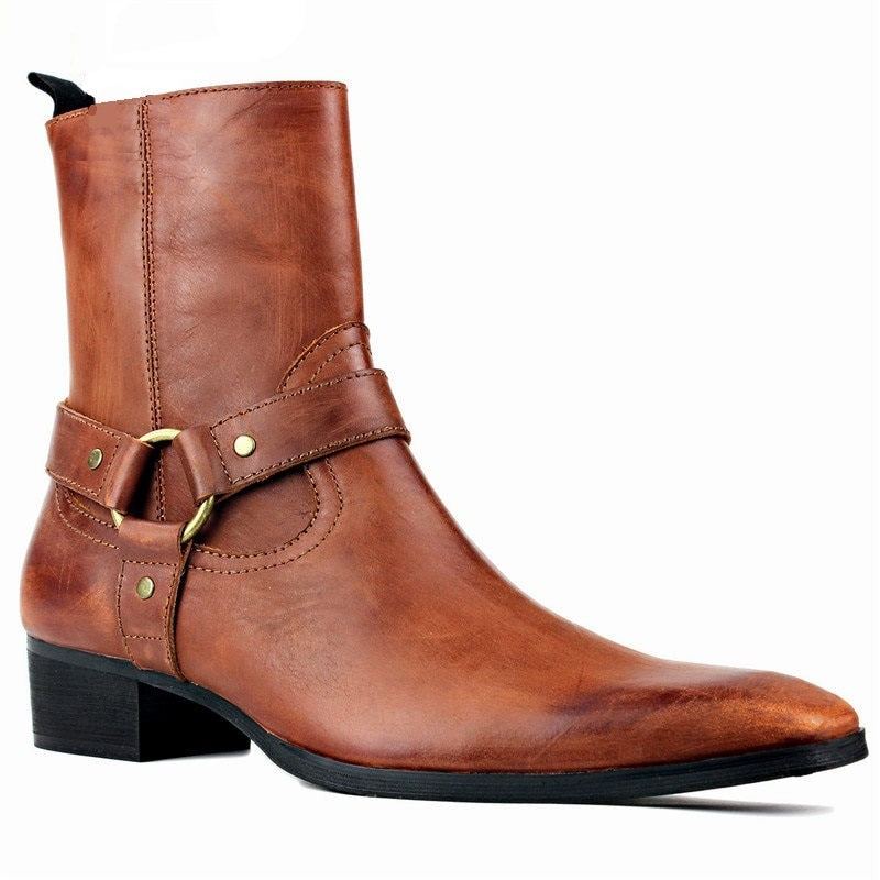 Bottes En Cuir Rétro Pour Hommes Nouveau Designer De Luxe Bout Pointu Sangle À Boucle - Café