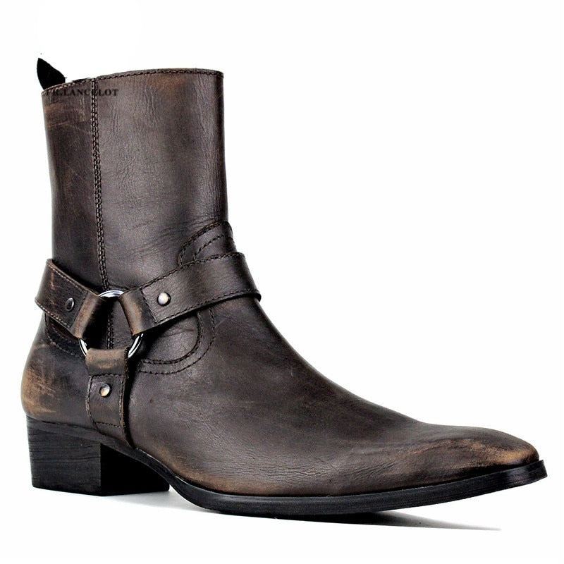 Bottes En Cuir Rétro Pour Hommes Nouveau Designer De Luxe Bout Pointu Sangle À Boucle - Café